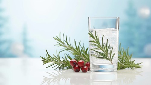 A clear glass of water decorated with pine branches and red berries on a reflective surface with a light blue backdrop Ai generated
