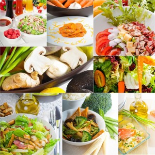 Mixwd fresh salad collage composition nested on a square frame