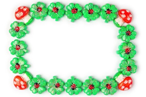 A frame of shamrocks with ladybirds and toadstools