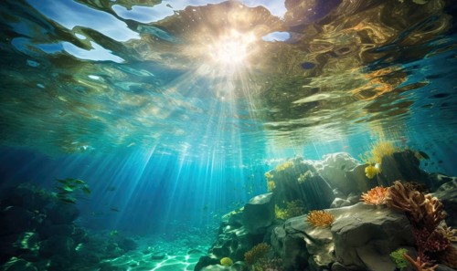 Underwater view of coral reef with sun rays shining through water surface Ai generated