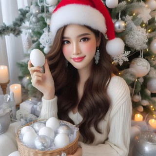 Portrait of a young cheerful woman with red lips and curly hair in a knitted sweater smiles and holding a decorated easter egg next to decorated Christmas tree at a holiday in December. AI Generated