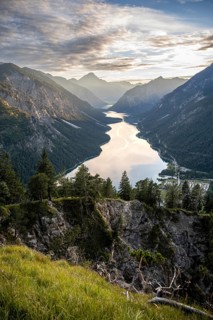 View of the Plansee lake from Schoenjoechl at sunset