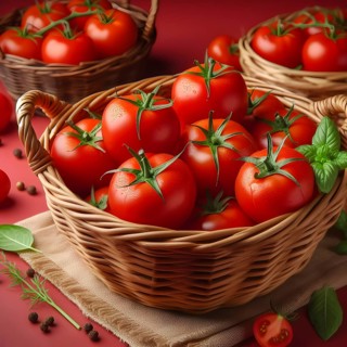 Organic vegetable tomatoes in a bamboo made basket. AI generated
