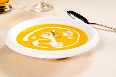Fresh pumpkin and shrimps cream soup