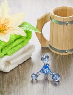 Accessories for bathing on a wooden surface