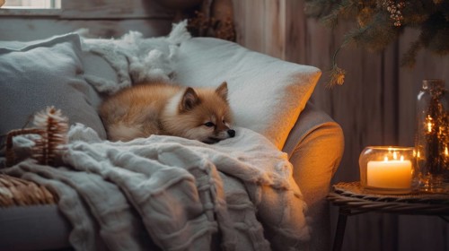 Cute little dog sleeping on sofa in room with Christmas tree and lights