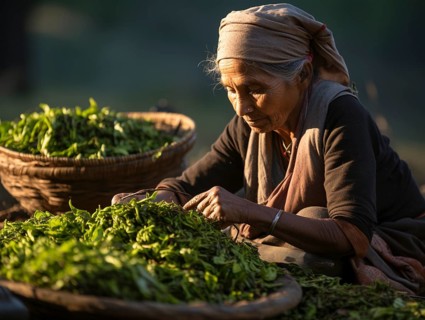 An Indian woman in traditional clothing picking tea on a tea plantation