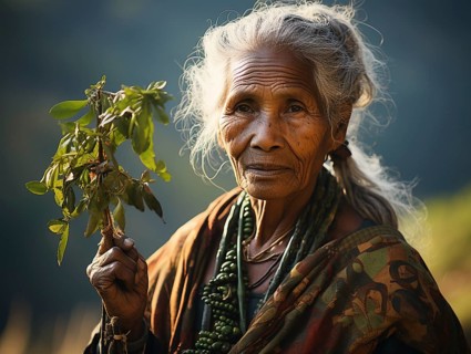 An Indian woman in traditional clothing picking tea on a tea plantation