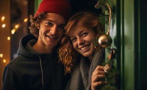 Young couple smiling together near home door decorated with mistletoe. Christmas holidays Ai generated