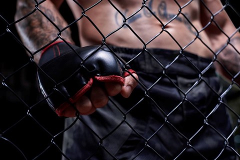 Dramatic image of a mixed martial arts fighter standing in an octagon cage. Powerful abdominal muscles. The concept of sports