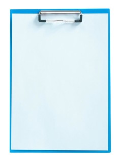 Blue clipboard with sheet of paper insulated