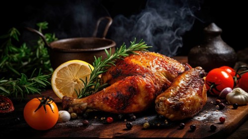 Roast chicken with spices and herbs on a wooden board. Dark background. Ai generated