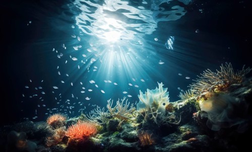Underwater view of coral reef with sun rays shining through water surface Ai generated