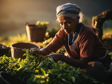 An Indian woman in traditional clothing picking tea on a tea plantation