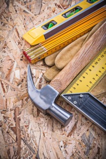Claw hammer protective gloves construction level wooden meter square ruler