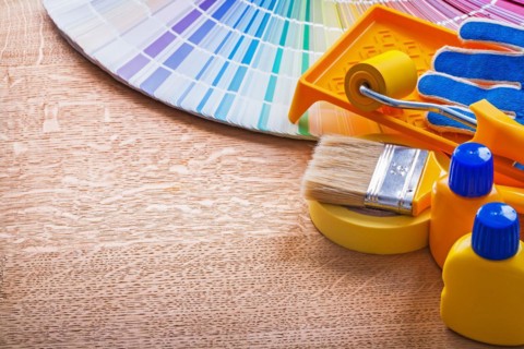 Colour tools and Pantone colour palettes Guide on wooden panel Maintenance concept
