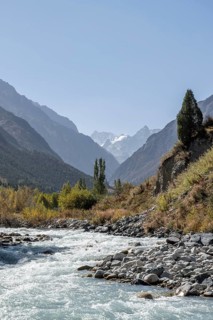Mountain stream Ala Archa flows through the Ala Archa valley