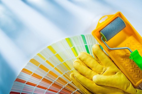 Composition of painting equipment on white background top view
