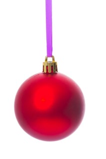 Hanging single red christmas ball isolated on white background