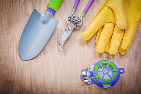 Leather protective gloves metal trowel secateurs soft wire tie on wood board gardening concept