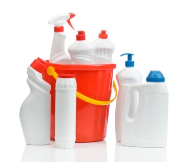 Composition of white cleaning agents with red bucket