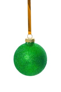 Green Christmas baubles against a white background