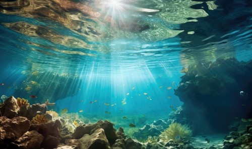 Underwater view of coral reef with sun rays shining through water surface Ai generated