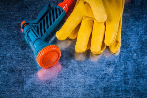 Set of leather protective gloves and hose nozzle agriculture concept