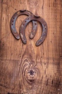 Copyspace image two old cast iron metal western horse shoeing accessory horseshoes on antique wooden background happy concept vertical version