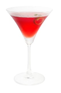 Cosmopolitan drink cocktail straight up on martini cup with lime peel isolated on white background