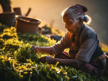 An Indian woman in traditional clothing picking tea on a tea plantation
