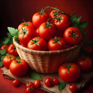 Organic vegetable tomatoes in a bamboo made basket. AI generated