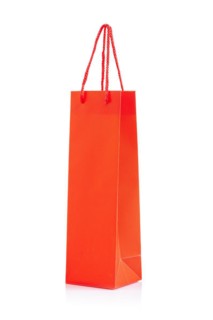 Single red paper bag against a white background