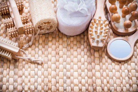 Healthy lifestyle collection of objects on pasture texture sauna concept