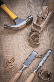 Hammer planner Chisel chips on wood