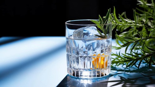 A glass of water with reflections and light refractions next to a plant
