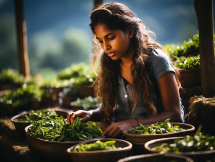 An Indian woman in traditional clothing picking tea on a tea plantation