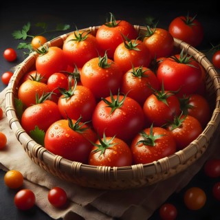 Organic vegetable tomatoes in a bamboo made basket. AI generated