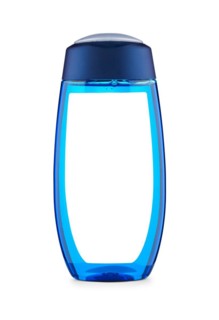 Blue shower bottle with label
