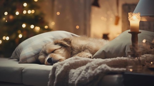 Cute dog sleeping on sofa in room with Christmas tree and lights Ai generated