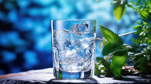 A glass of sparkling water with bubbles on a wooden surface surrounded by fresh leaves under a tranquil