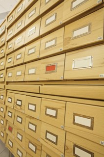 Library wooden card catalogue closeup