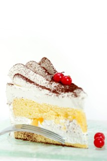 Fresh ribes and whipped cream dessert cake slice with cocoa powder on top