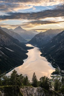 View of the Plansee lake from Schoenjoechl at sunset