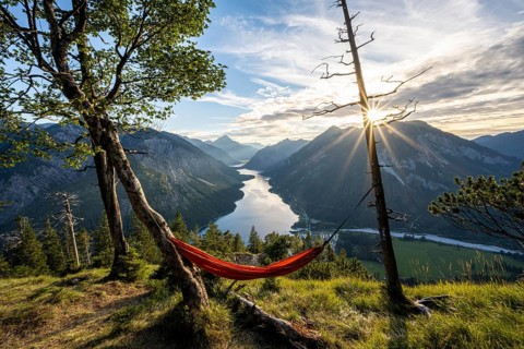 View of Plansee from Schoenjoechl with orange hammock