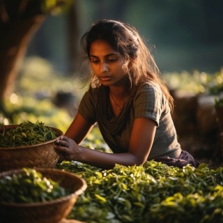 An Indian woman in traditional clothing picking tea on a tea plantation