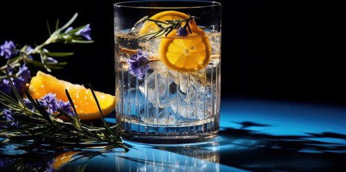 A glass of a cold beverage with ice cubes and lemon slices