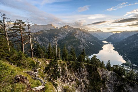 View of the Plansee lake from Schoenjoechl at sunset