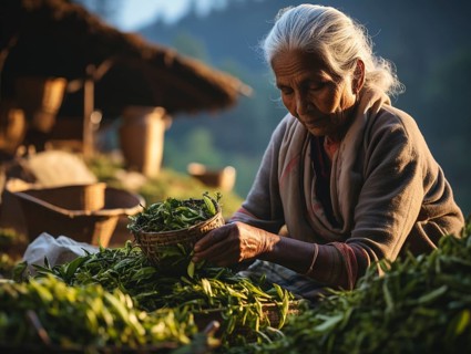 An Indian woman in traditional clothing picking tea on a tea plantation