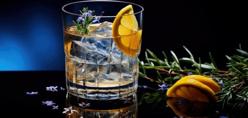 A close-up of a glass filled with ice cubes and lemon slice